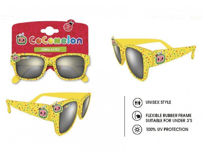 Occhiali da Sole CocoMelon per bambini - Montatura gialla flessibile, protezione UV 100%, design colorato.