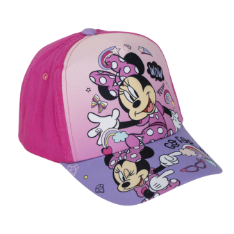 Cappello Minnie in tessuto leggero, colore rosa e viola con grafica Minnie.