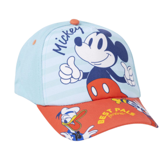 Cappello Mickey per bambini, colore azzurro e rosso, tessuto traspirante con stampa Disney.