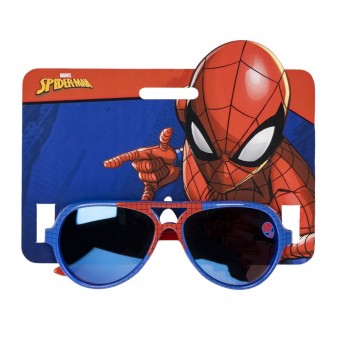 Occhiali da sole Spider-Man in confezione originale – Montatura blu e rossa con dettagli ragnatela e lenti scure.