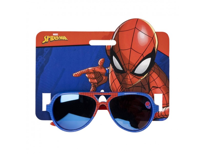 Occhiali da sole Spider-Man in confezione originale – Montatura blu e rossa con dettagli ragnatela e lenti scure.