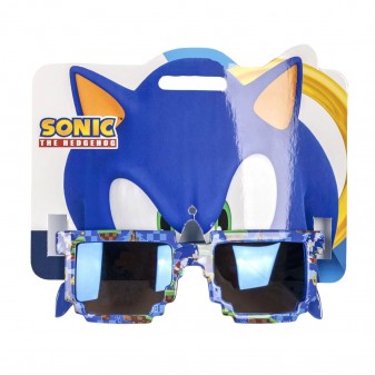 Occhiali da sole Sonic con montatura pixel art blu e lenti scure, confezionati con il cartellino di Sonic.